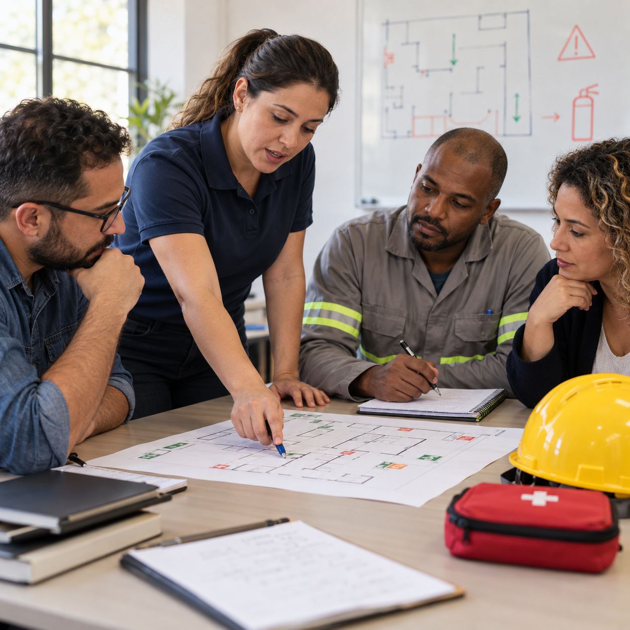 Cena ilustrativa de uma equipe planejando ações de segurança com uma instrutora