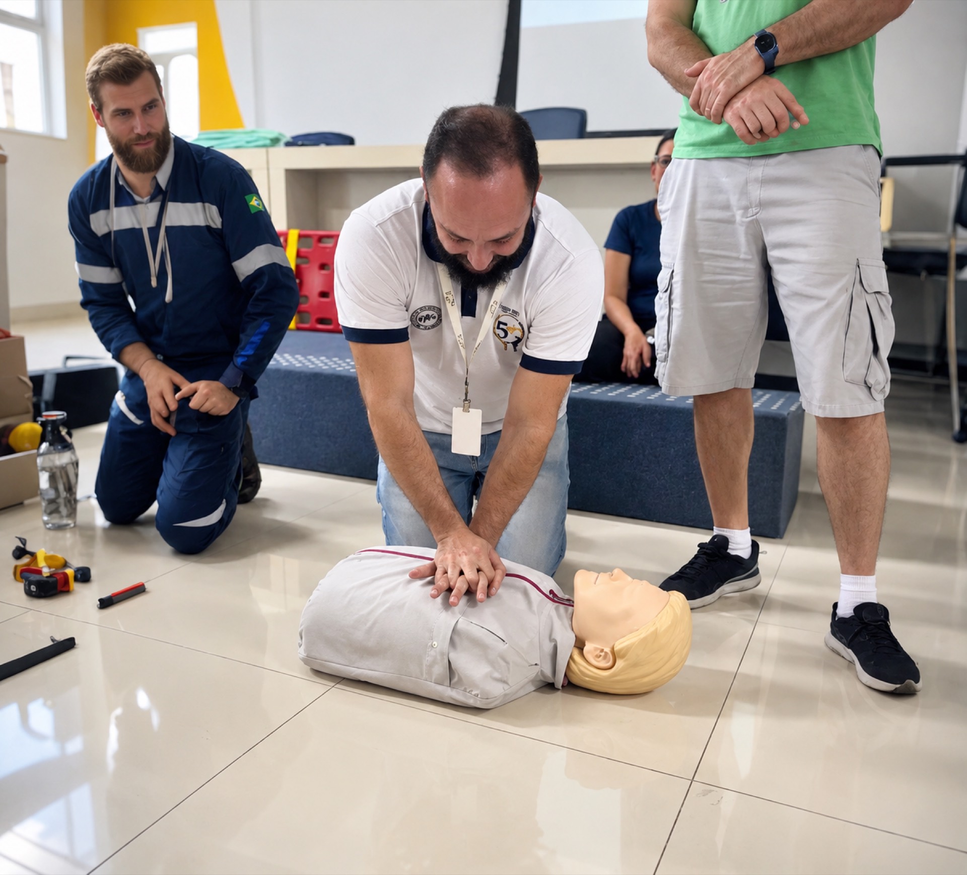 Participante pratica primeiros socorros em manequim durante treinamento no CAMP SBC